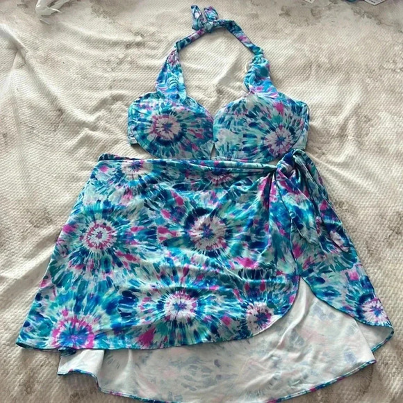 Coco Contours Cameo Halter Bra Sized Underwire Push Up Bikini All Over Tie Dye - Picture 4 of 6